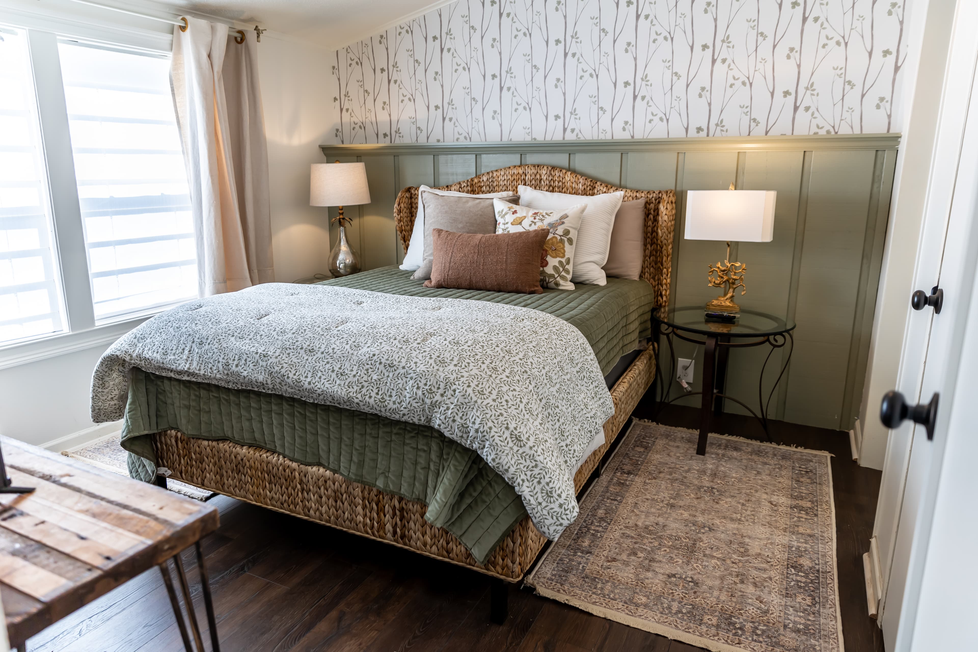 Master Bedroom with sage green and natural decor